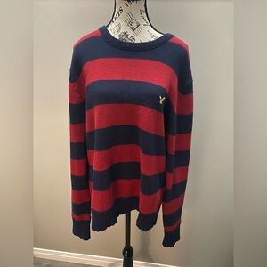 American Eagle Outfitters Red and Navy Striped Crewneck Sweater